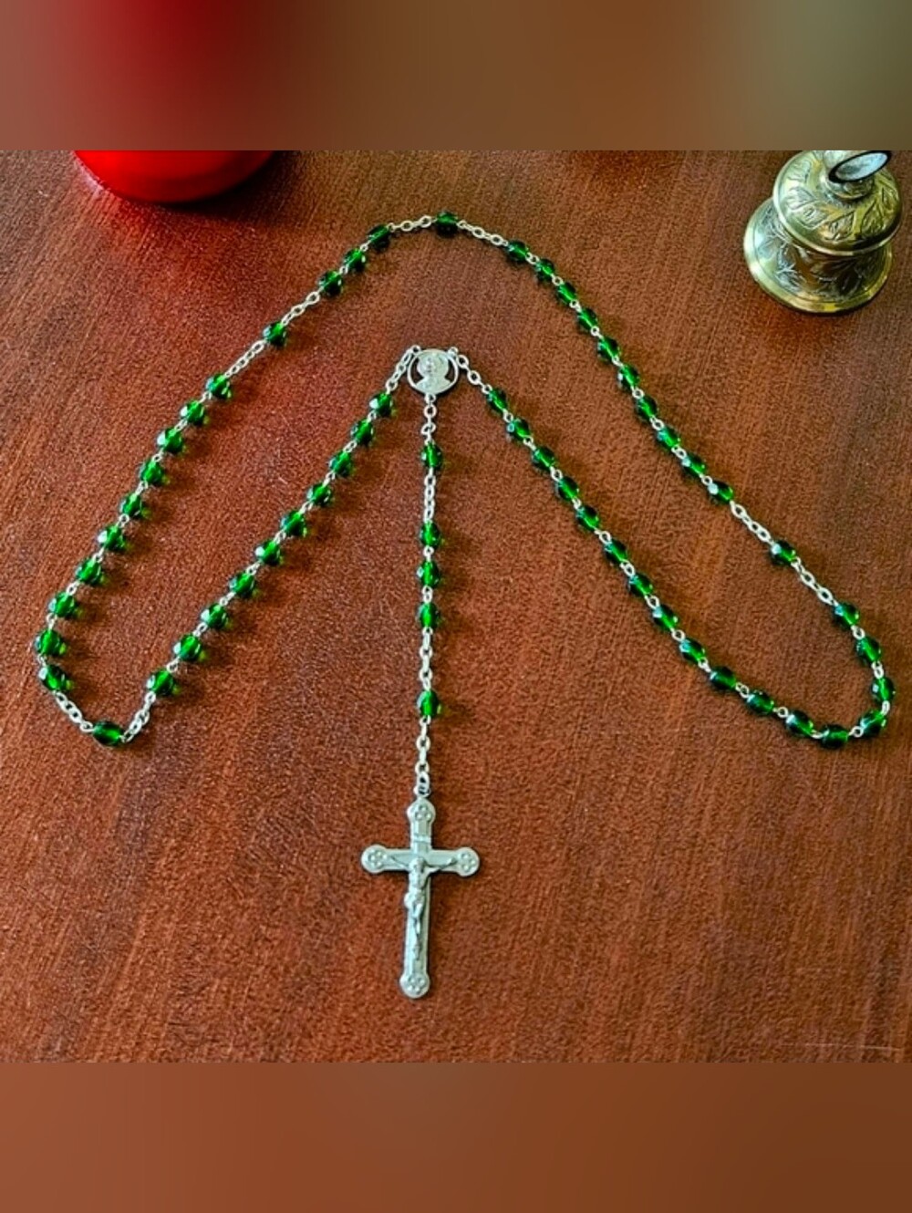 Green Beaded Rosary Catholic Prayer Meditation Men Women Children